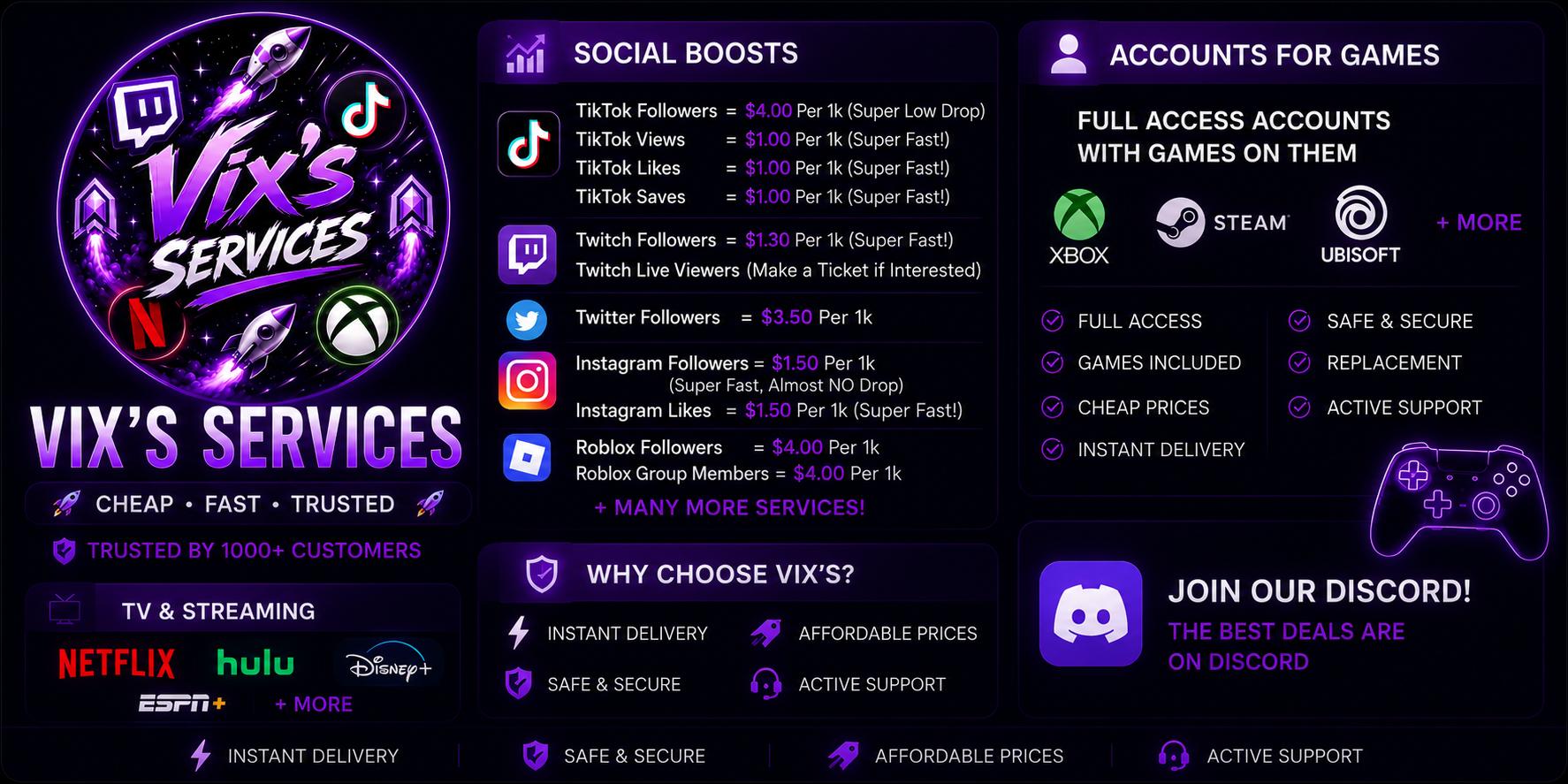 Discovery splash banner for ★Vix's Services (1K+) Discord server