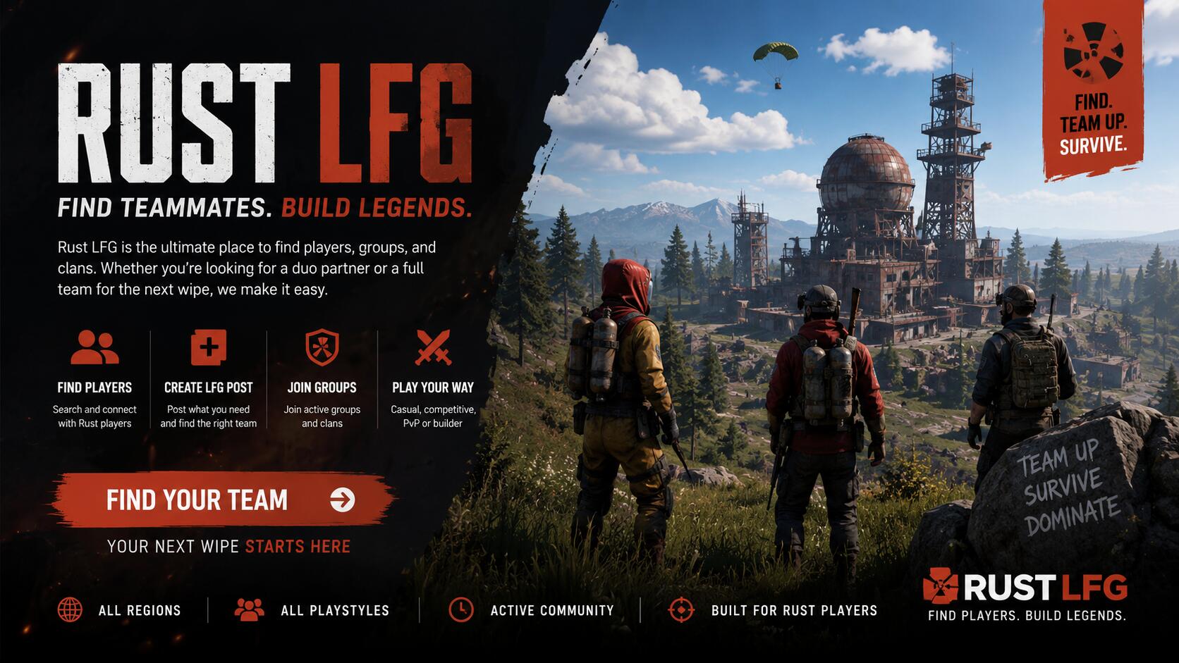 Discovery splash banner for Rust LFG Discord server